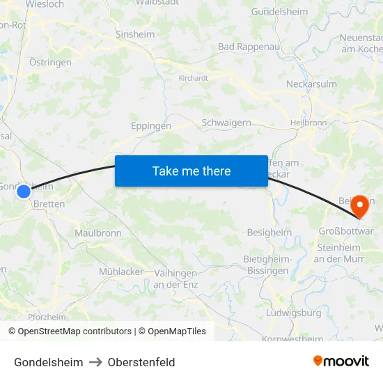 Gondelsheim to Oberstenfeld map