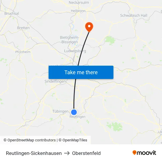 Reutlingen-Sickenhausen to Oberstenfeld map