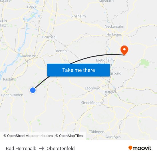 Bad Herrenalb to Oberstenfeld map