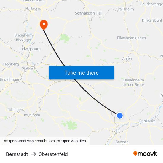 Bernstadt to Oberstenfeld map