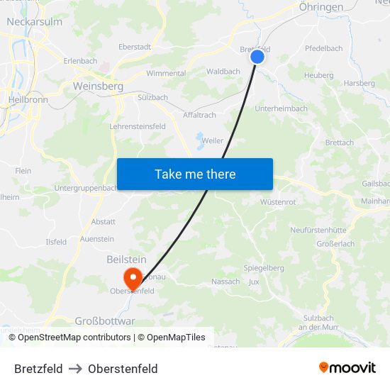 Bretzfeld to Oberstenfeld map