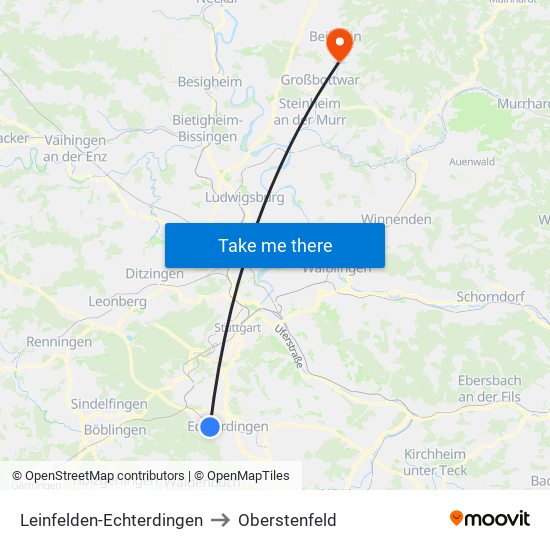Leinfelden-Echterdingen to Oberstenfeld map