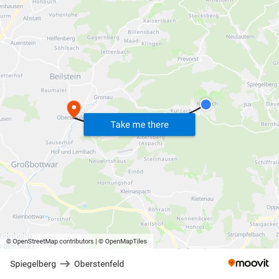 Spiegelberg to Oberstenfeld map