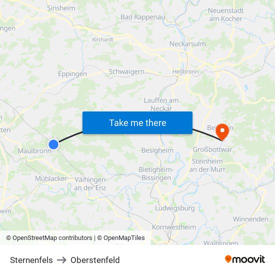 Sternenfels to Oberstenfeld map