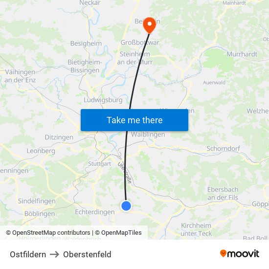 Ostfildern to Oberstenfeld map