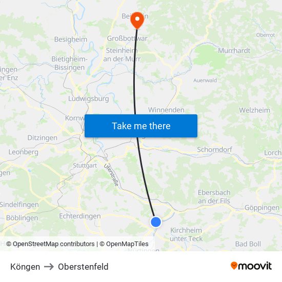 Köngen to Oberstenfeld map