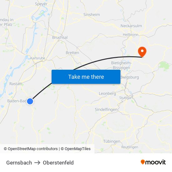 Gernsbach to Oberstenfeld map