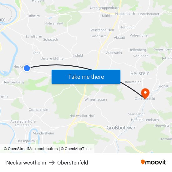 Neckarwestheim to Oberstenfeld map