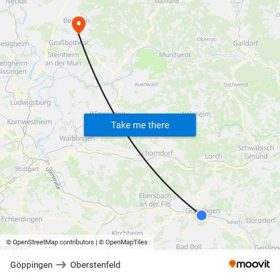 Göppingen to Oberstenfeld map