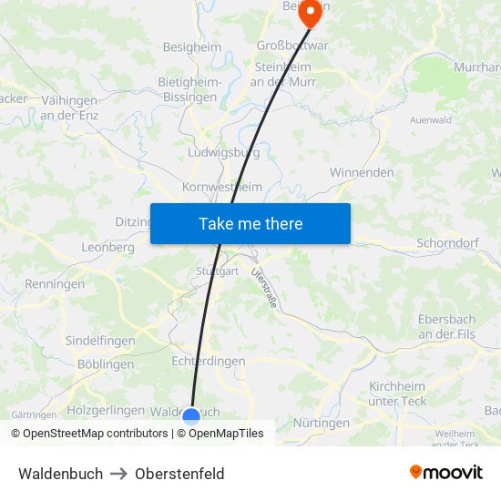 Waldenbuch to Oberstenfeld map