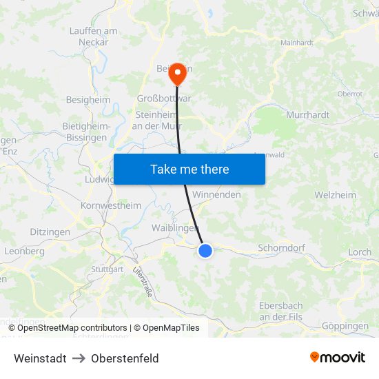 Weinstadt to Oberstenfeld map
