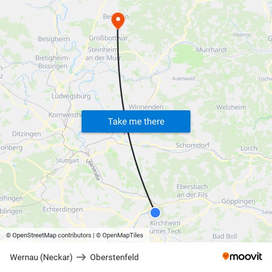 Wernau (Neckar) to Oberstenfeld map
