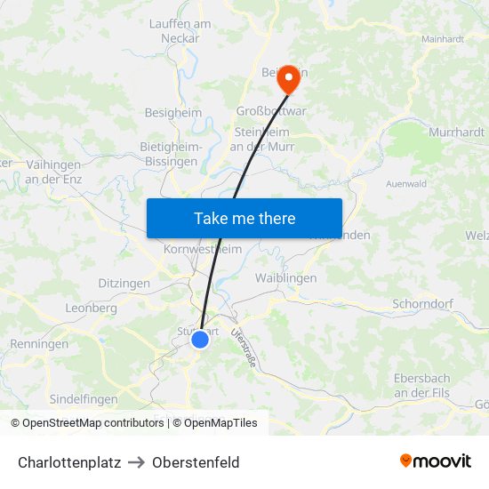 Charlottenplatz to Oberstenfeld map