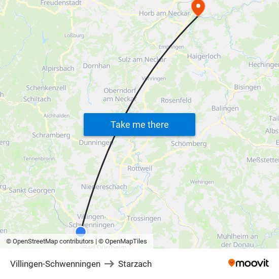 Villingen-Schwenningen to Starzach map