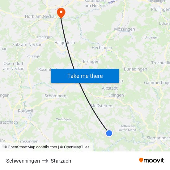 Schwenningen to Starzach map