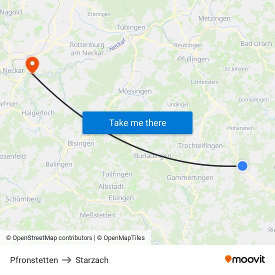 Pfronstetten to Starzach map