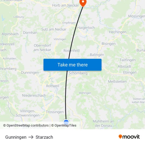 Gunningen to Starzach map