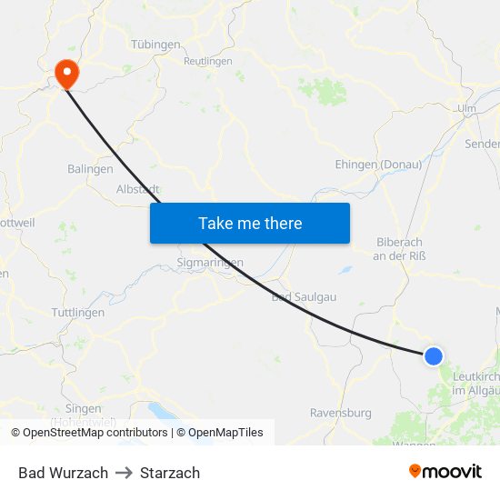 Bad Wurzach to Starzach map