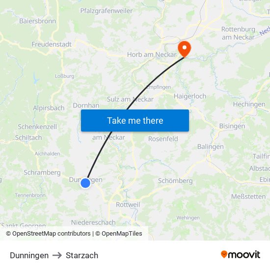 Dunningen to Starzach map