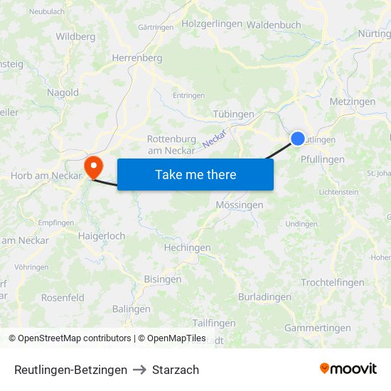Reutlingen-Betzingen to Starzach map