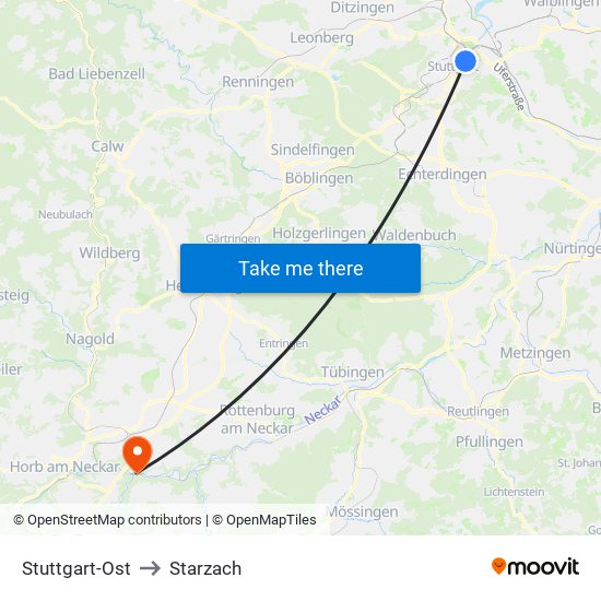 Stuttgart-Ost to Starzach map