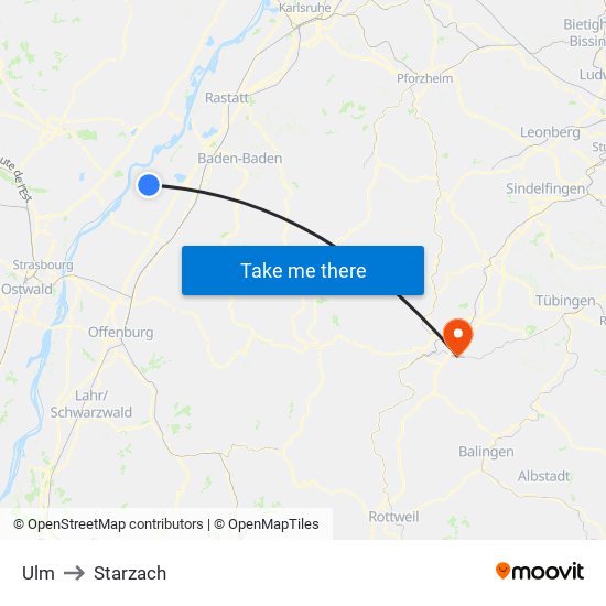 Ulm to Starzach map