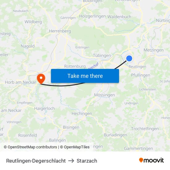 Reutlingen-Degerschlacht to Starzach map