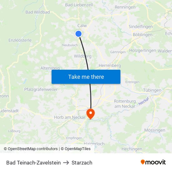 Bad Teinach-Zavelstein to Starzach map