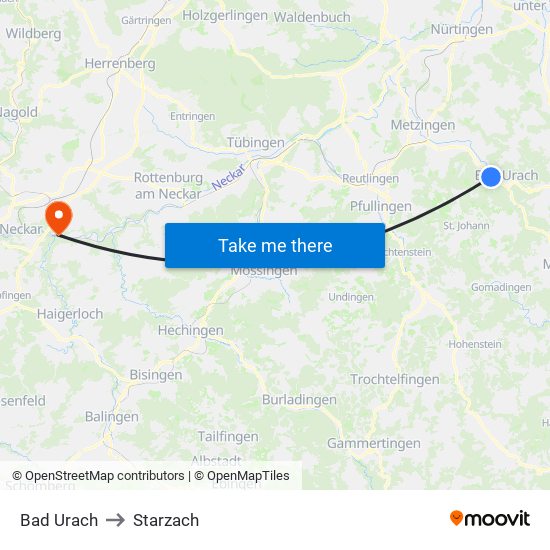 Bad Urach to Starzach map