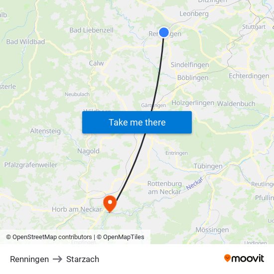 Renningen to Starzach map