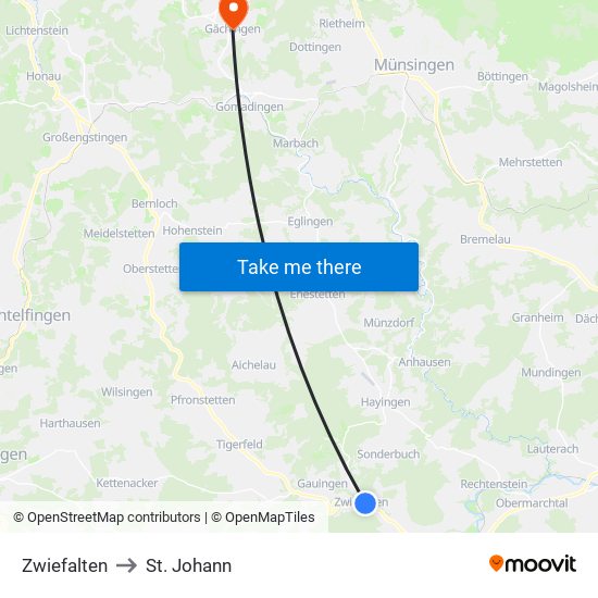 Zwiefalten to St. Johann map