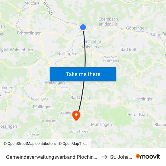 Gemeindeverwaltungsverband Plochingen to St. Johann map