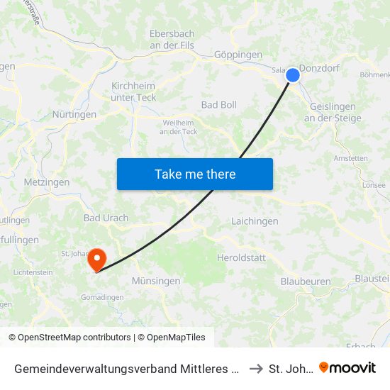 Gemeindeverwaltungsverband Mittleres Fils-Lautertal to St. Johann map