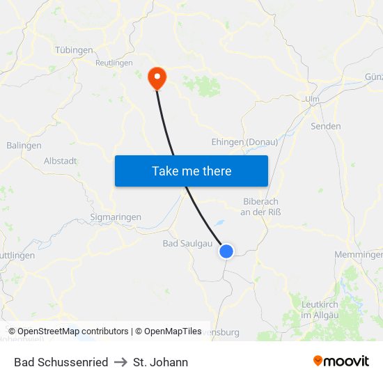 Bad Schussenried to St. Johann map