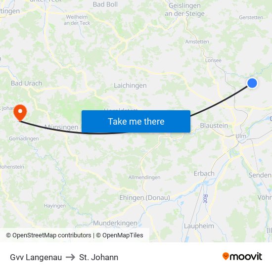 Gvv Langenau to St. Johann map