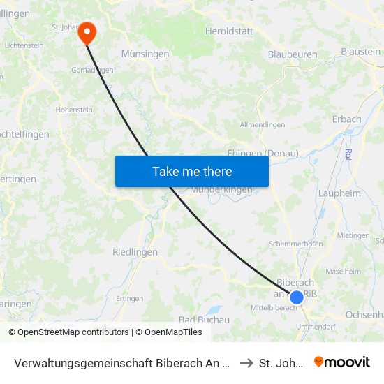 Verwaltungsgemeinschaft Biberach An Der Riß to St. Johann map