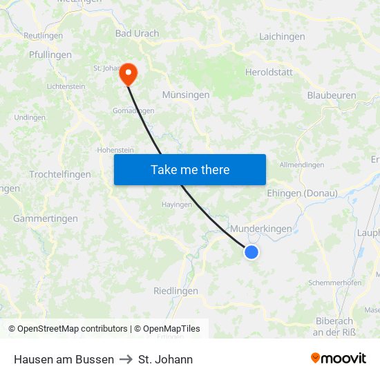 Hausen am Bussen to St. Johann map