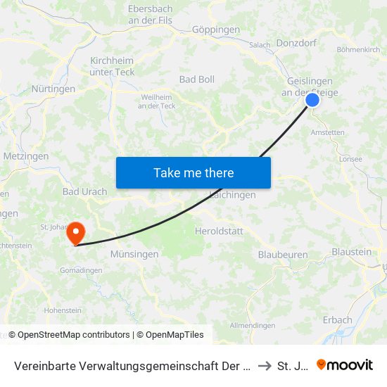 Vereinbarte Verwaltungsgemeinschaft Der Stadt Geislingen An Der Steige to St. Johann map
