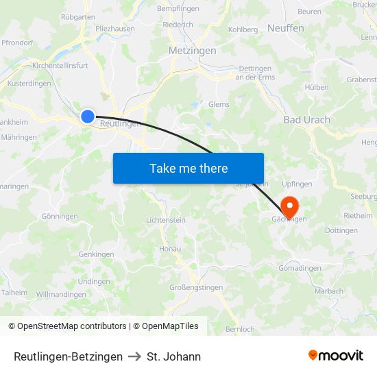 Reutlingen-Betzingen to St. Johann map
