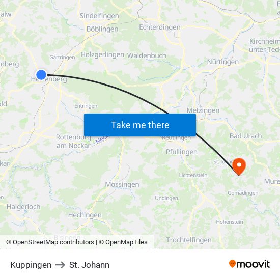 Kuppingen to St. Johann map