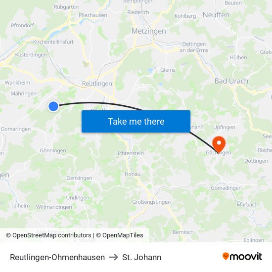 Reutlingen-Ohmenhausen to St. Johann map
