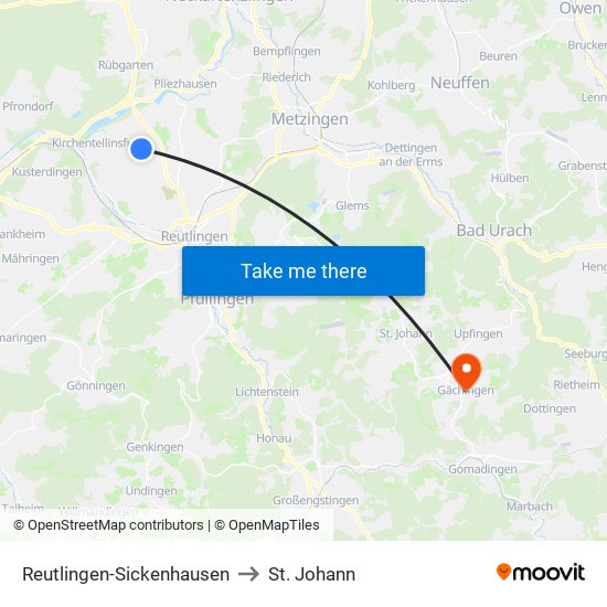 Reutlingen-Sickenhausen to St. Johann map