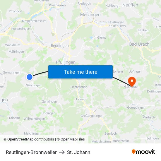 Reutlingen-Bronnweiler to St. Johann map