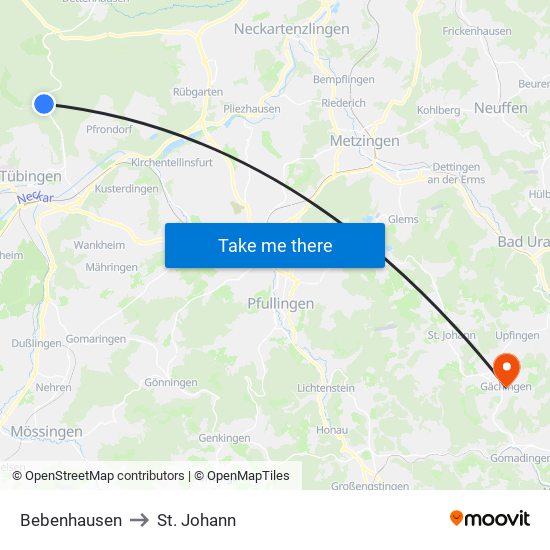 Bebenhausen to St. Johann map