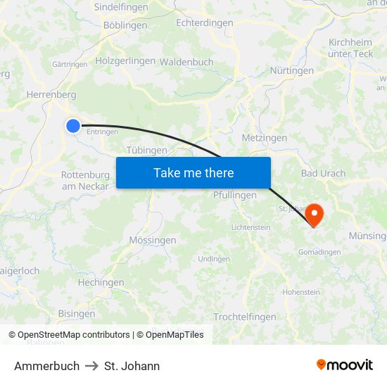 Ammerbuch to St. Johann map