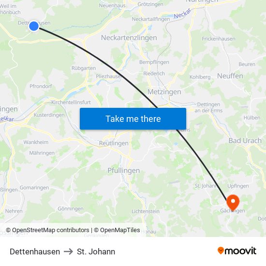 Dettenhausen to St. Johann map