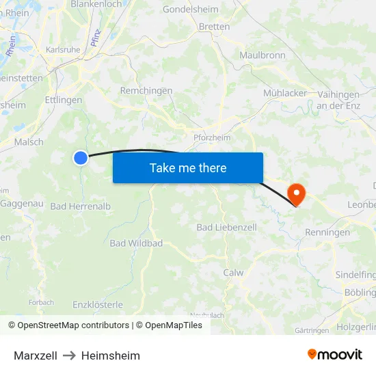 Marxzell to Heimsheim map