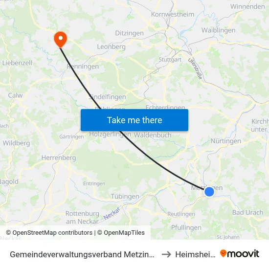 Gemeindeverwaltungsverband Metzingen to Heimsheim map