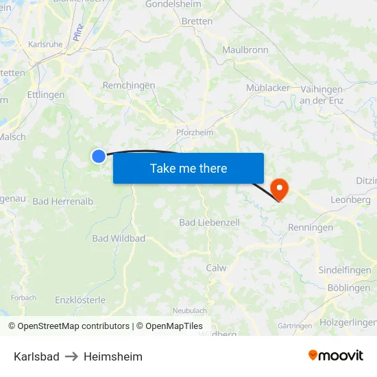 Karlsbad to Heimsheim map