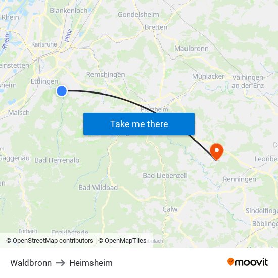 Waldbronn to Heimsheim map